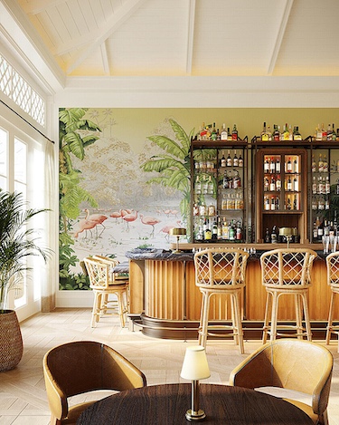 Naples Beach Club florida gulf coast coastal design wicker bar stools tropical palm tree wallpaper